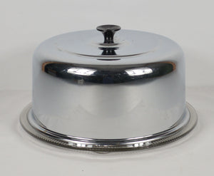 Vtg Chrome Aluminum Cake Cover Keeper with Decorative Pressed Glass Plate