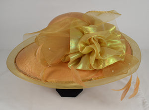 Mr Hi’s Classic Church Hat Gold Sequins Lace Ribbon Feathers Durby