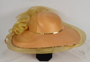 Mr Hi’s Classic Church Hat Gold Sequins Lace Ribbon Feathers Durby