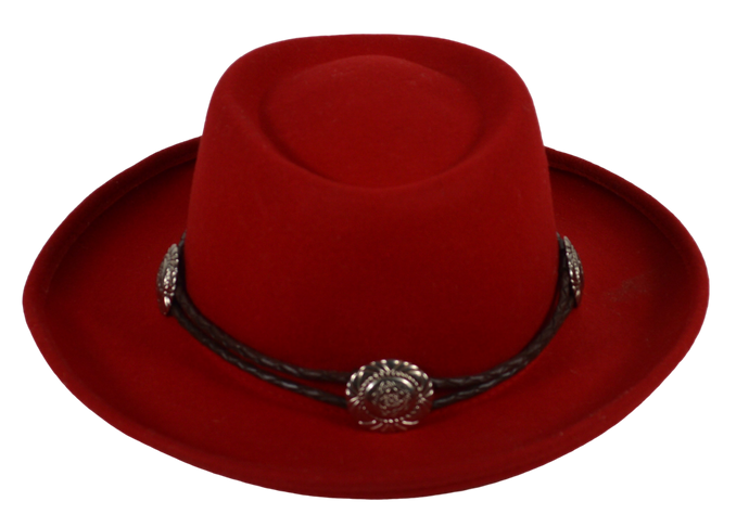 Scala Vintage Wool Red Cowboy Hat Leather Trim Concho Western In Very Good Pre-Owned Condition.  Please See All Pictures.  Fun Hat! 
