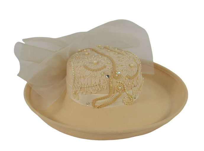 Sonni San Francisco Cream Wool Hat w/ Pearls & Rhinestones Vintage