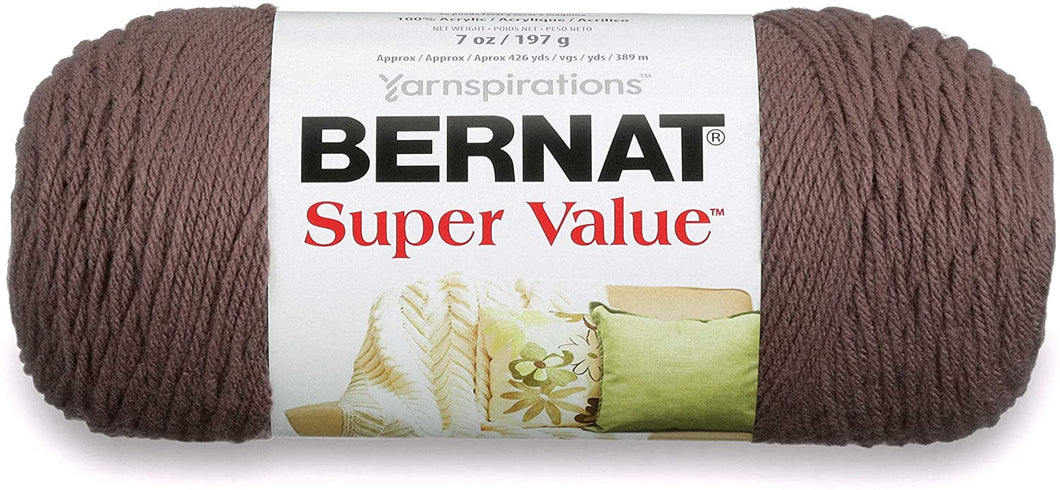 Bernat Super Value Yarn, 7 oz, Gauge 4 Medium Worsted, Taupe About this item  Content: 100% acrylic Ball Size Solids/Ragg/Heathers: 197g / 7 oz, 389 meters / 426 yards, Ombres: 142g / 5 oz, 251 meters / 275 yards Knitting Gauge: 18 sts and 24 rows with a 5 mm (U.S. 8) knitting needle Crochet Gauge: 13 sc and 14 rows with a 5 mm (U.S. H/8) crochet hook Care: Machine wash and dry