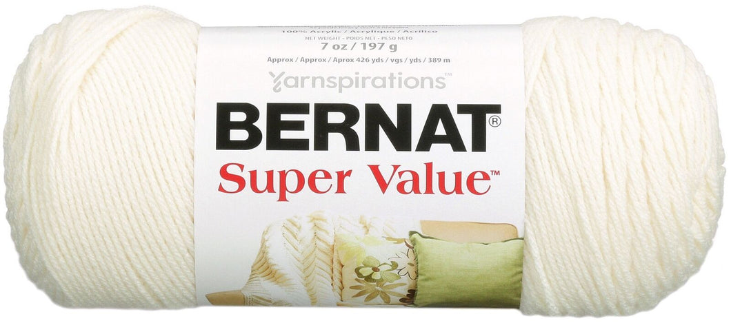 Bernat Super Value Yarn, 7 oz, Gauge 4 Medium Worsted, Natural About this item  Content: 100% acrylic Ball Size Solids/Ragg/Heathers: 197g / 7 oz, 389 meters / 426 yards, Ombres: 142g / 5 oz, 251 meters / 275 yards Knitting Gauge: 18 sts and 24 rows with a 5 mm (U.S. 8) knitting needle Crochet Gauge: 13 sc and 14 rows with a 5 mm (U.S. H/8) crochet hook Care: Machine wash and dry
