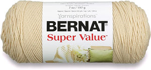 Bernat Super Value Yarn, 7 oz, Gauge 4 Medium Worsted, Oatmeal About this item  Content: 100% acrylic Ball Size Solids/Ragg/Heathers: 197g / 7 oz, 389 meters / 426 yards, Ombres: 142g / 5 oz, 251 meters / 275 yards Knitting Gauge: 18 sts and 24 rows with a 5 mm (U.S. 8) knitting needle Crochet Gauge: 13 sc and 14 rows with a 5 mm (U.S. H/8) crochet hook Care: Machine wash and dry